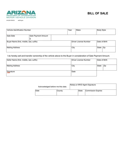 arizona bill of sale form