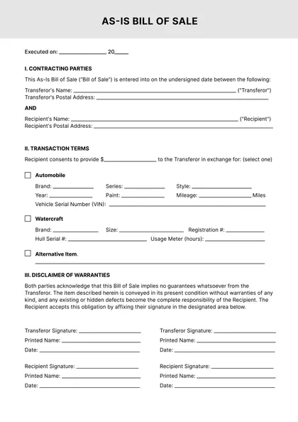 as is bill of sale form