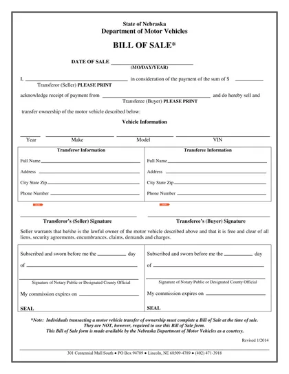 nebraska bill of sale form
