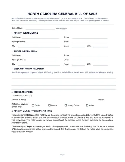 north carolina bill of sale form