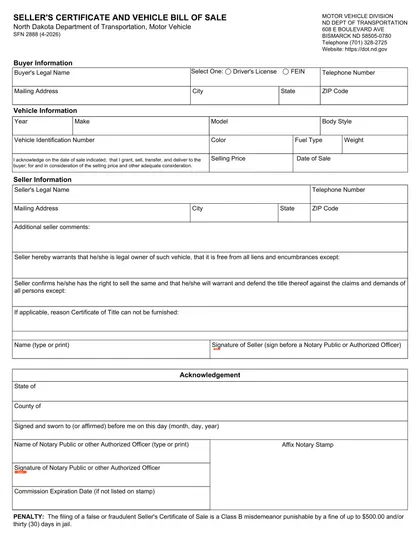north dakota bill of sale form