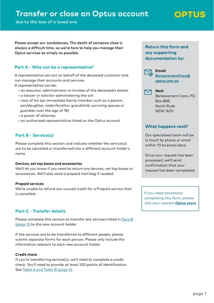 optus bereavement form