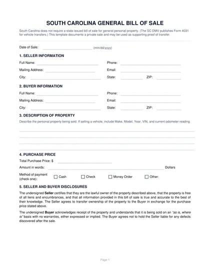 south carolina bill of sale form