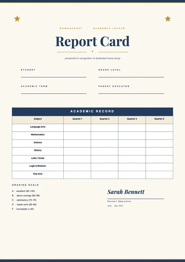 academic homeschool report card template