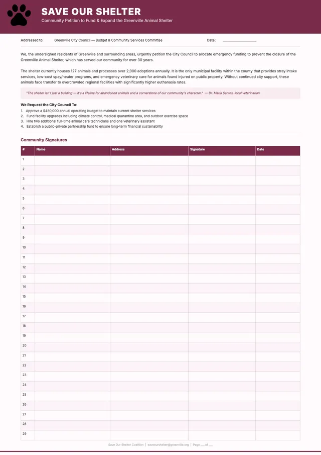 animal shelter petition template
