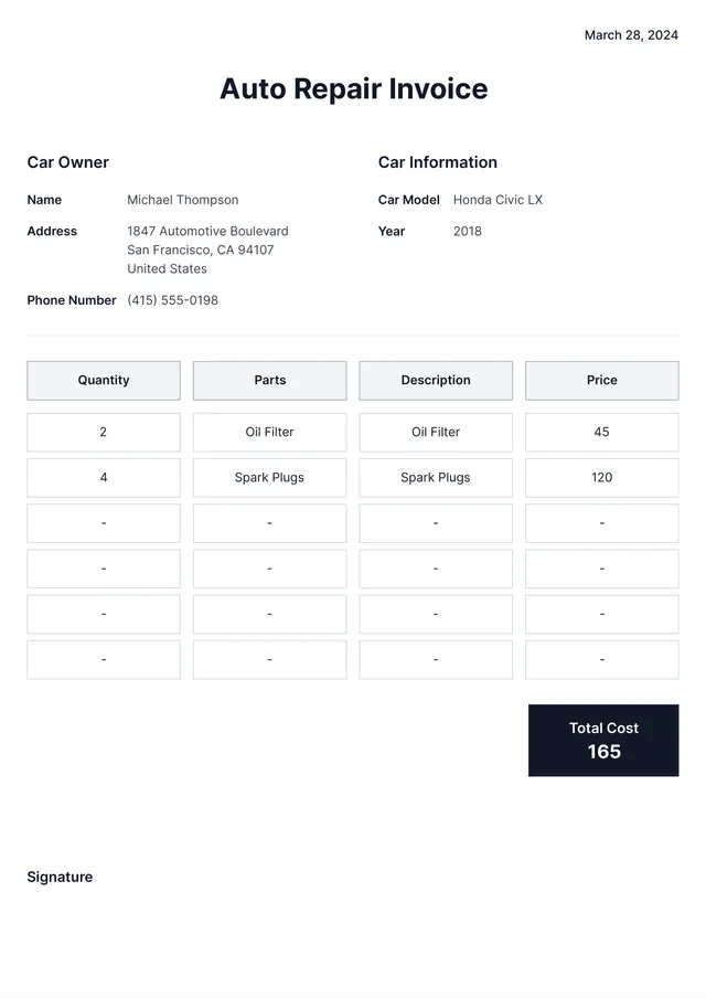 auto repair invoice template