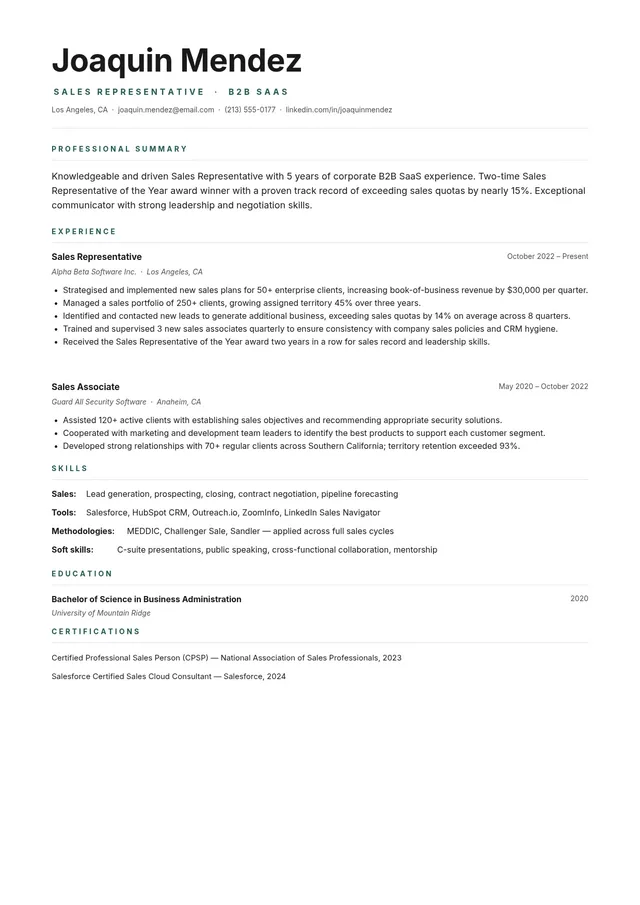 b2b sales resume template