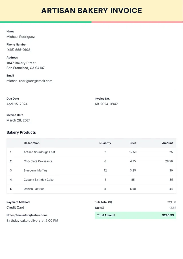 bakery invoice template