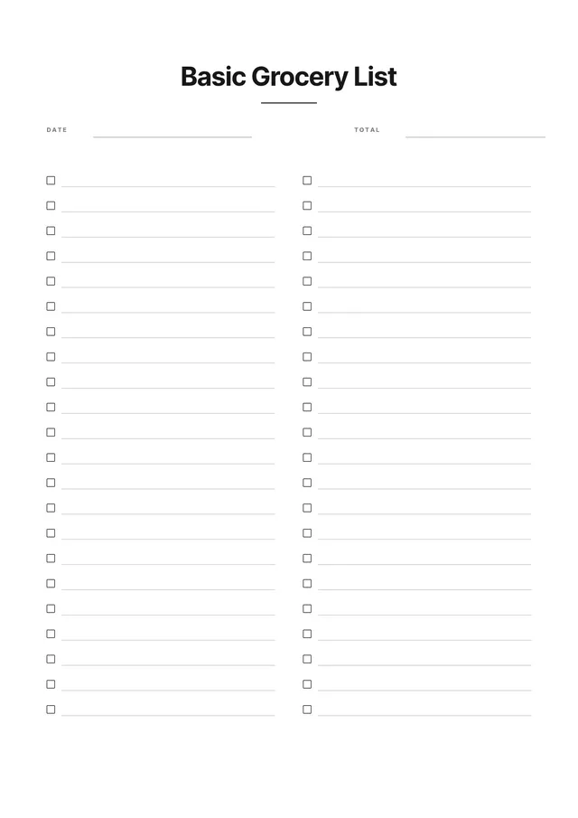 basic grocery list template