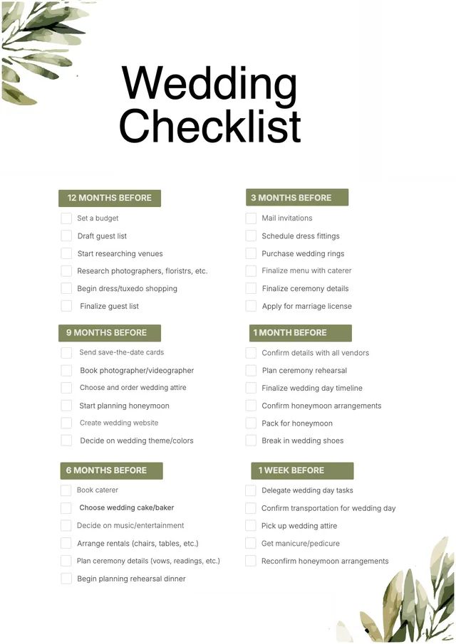 botanical wedding checklist template