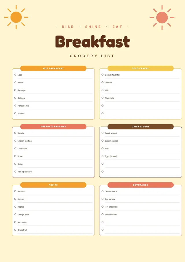 breakfast grocery list template