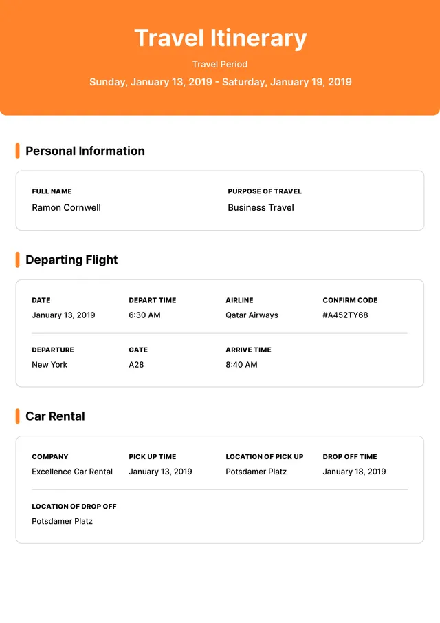 business travel itinerary template