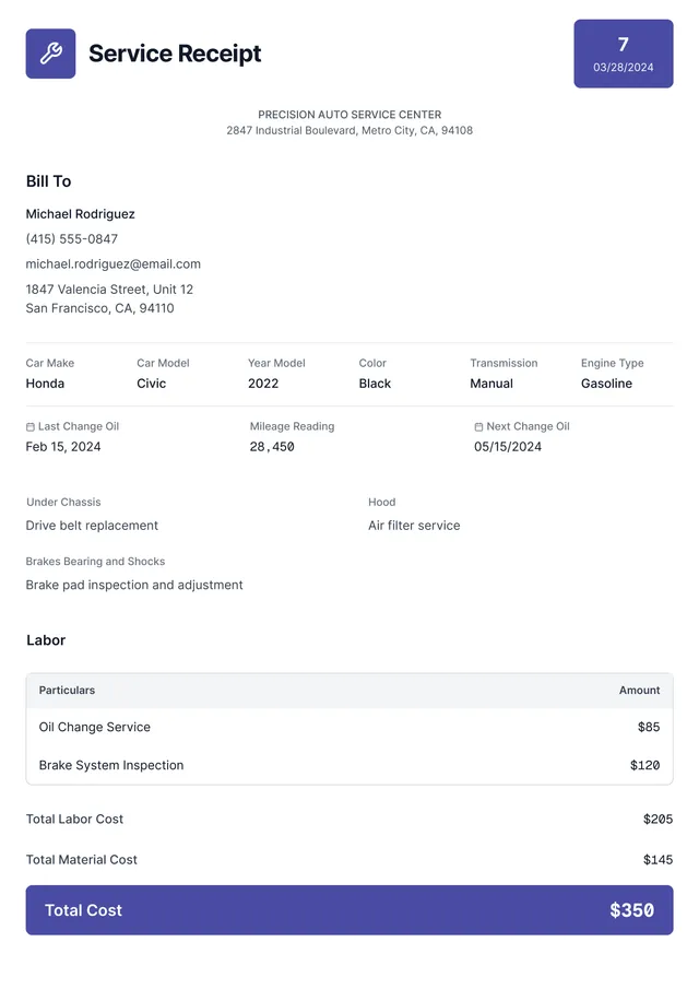 car service receipt template