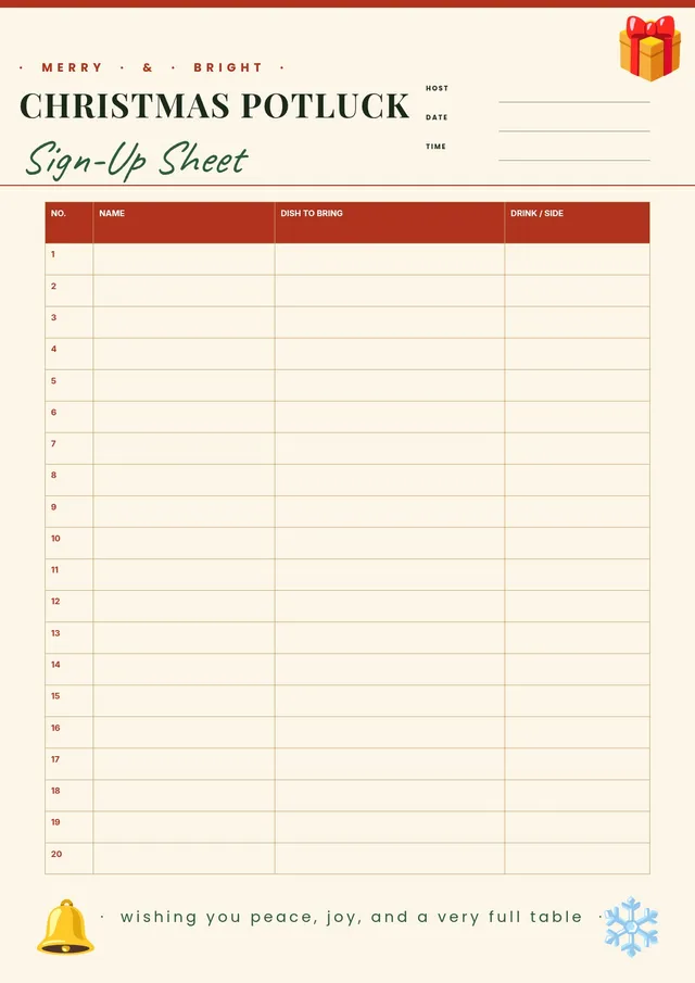 christmas potluck sign up sheet template