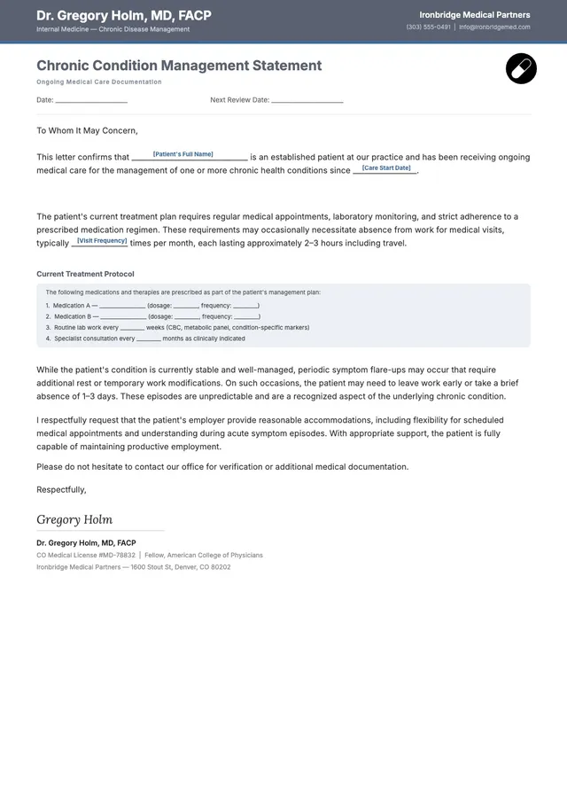 chronic condition doctor note template