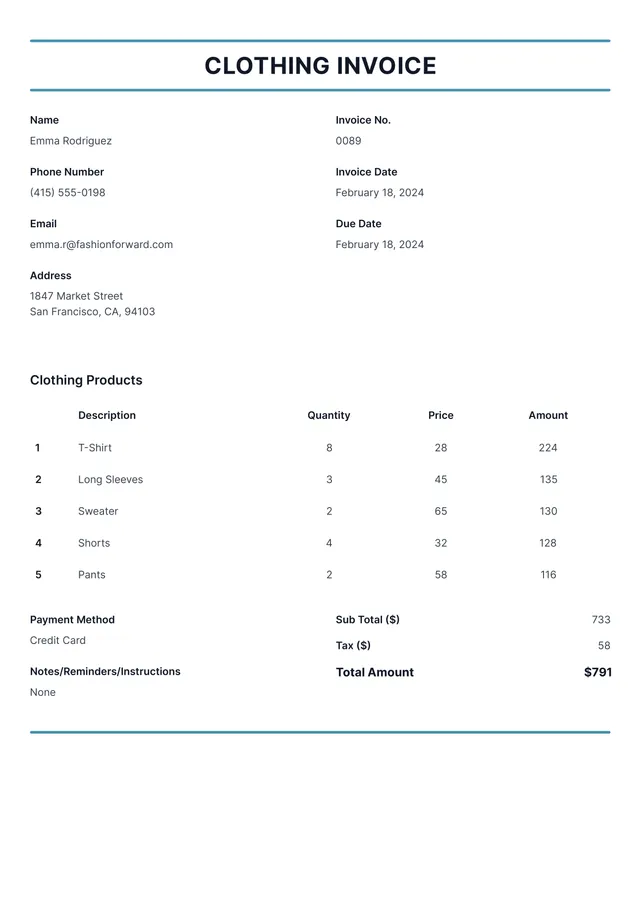clothing invoice template