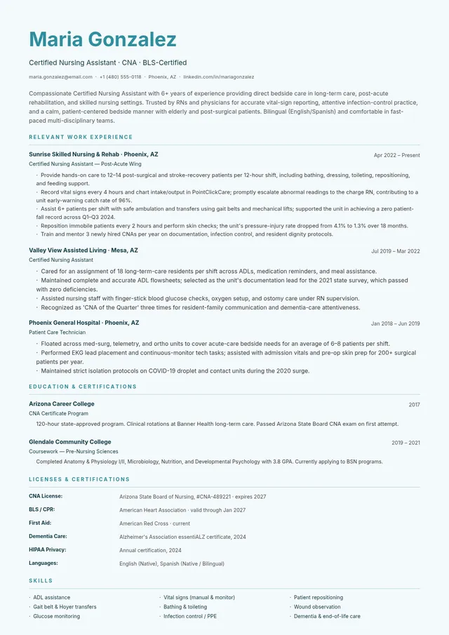 cna nursing resume template