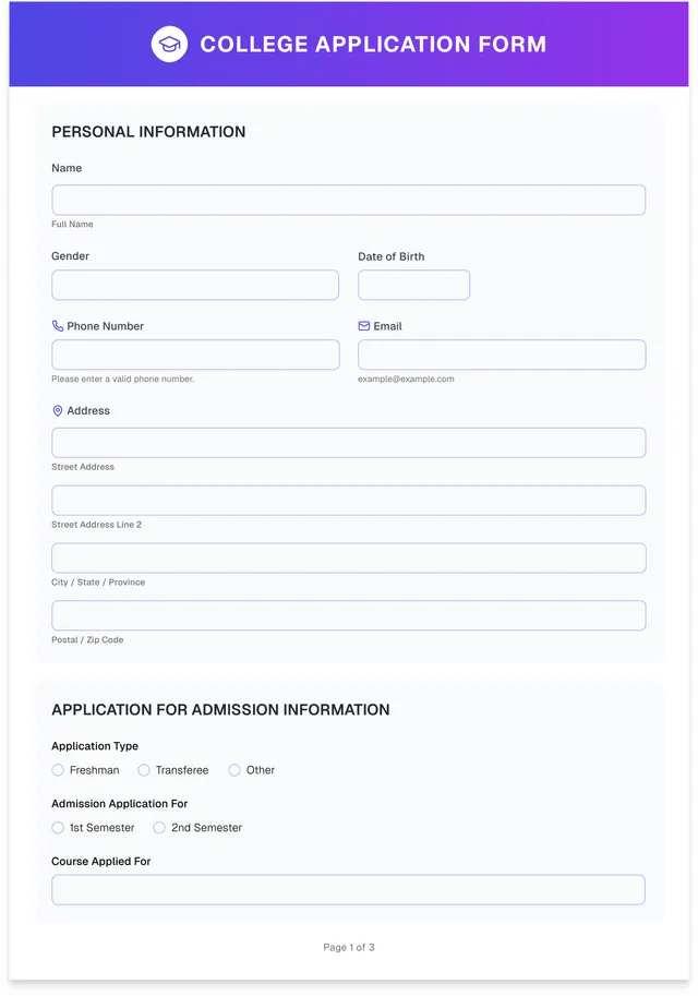 college application form template
