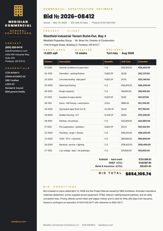 commercial construction estimate template