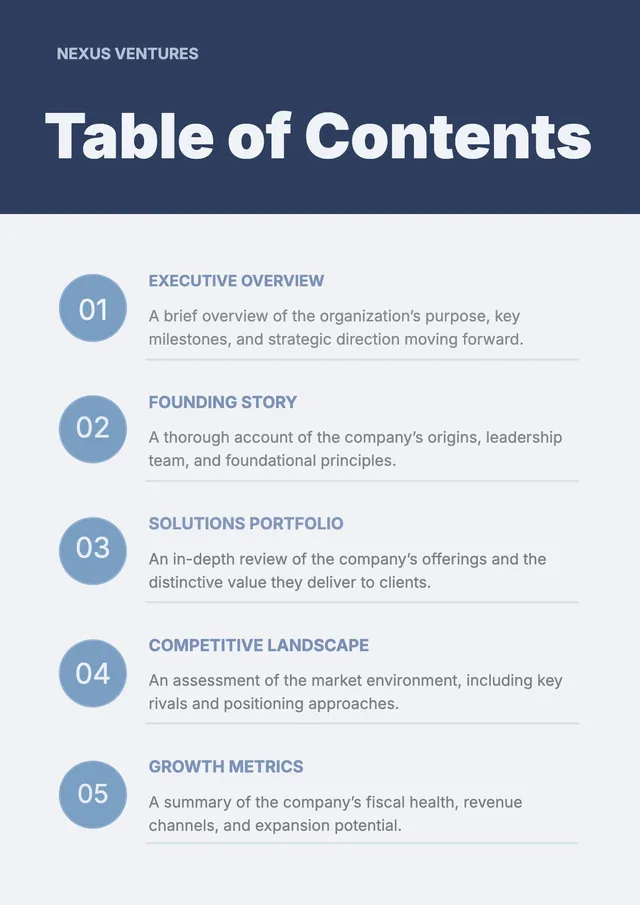 corporate pitch table of contents template