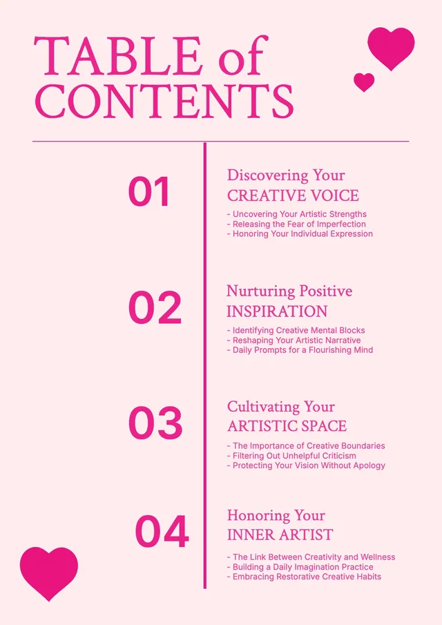 creative workbook table of contents template