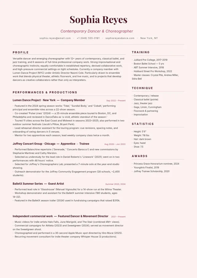 dance resume template