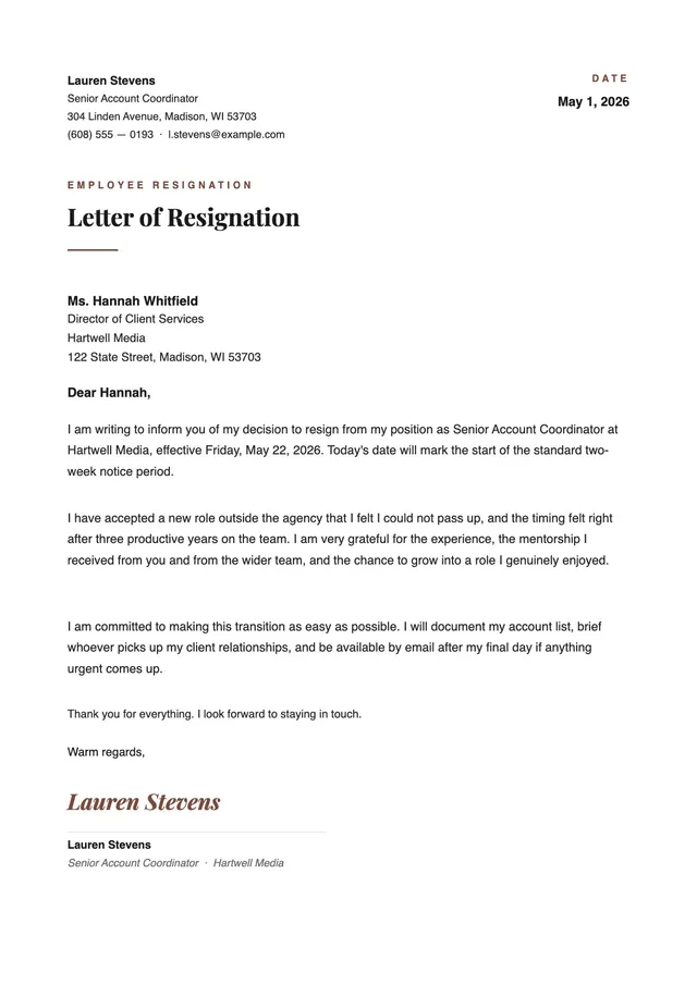employee resignation letter template