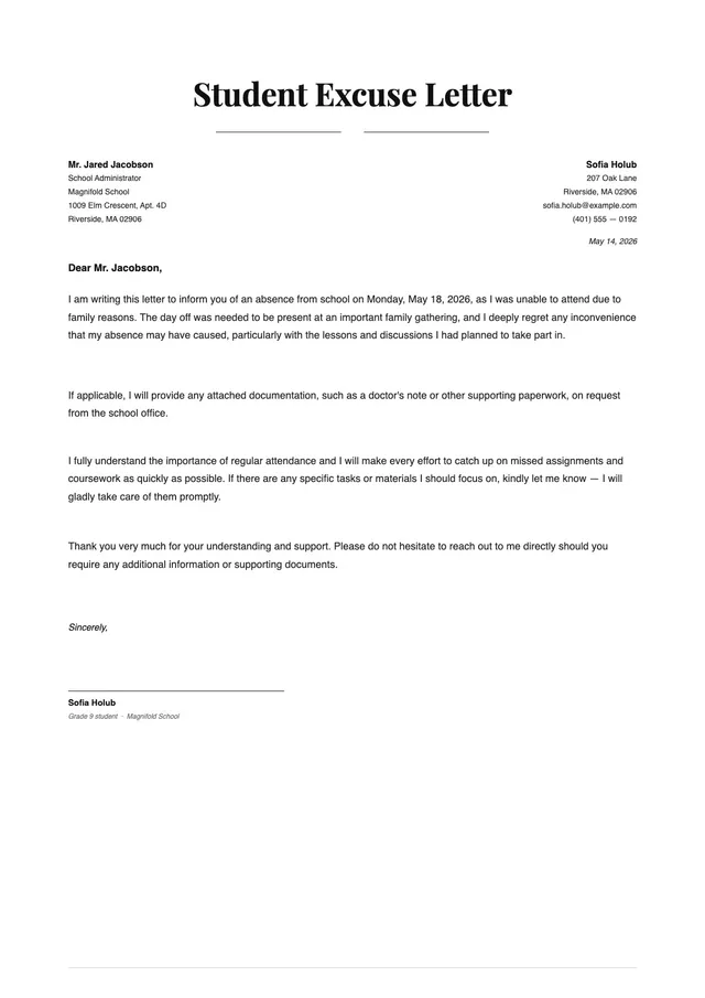 excuse letter for school absent template