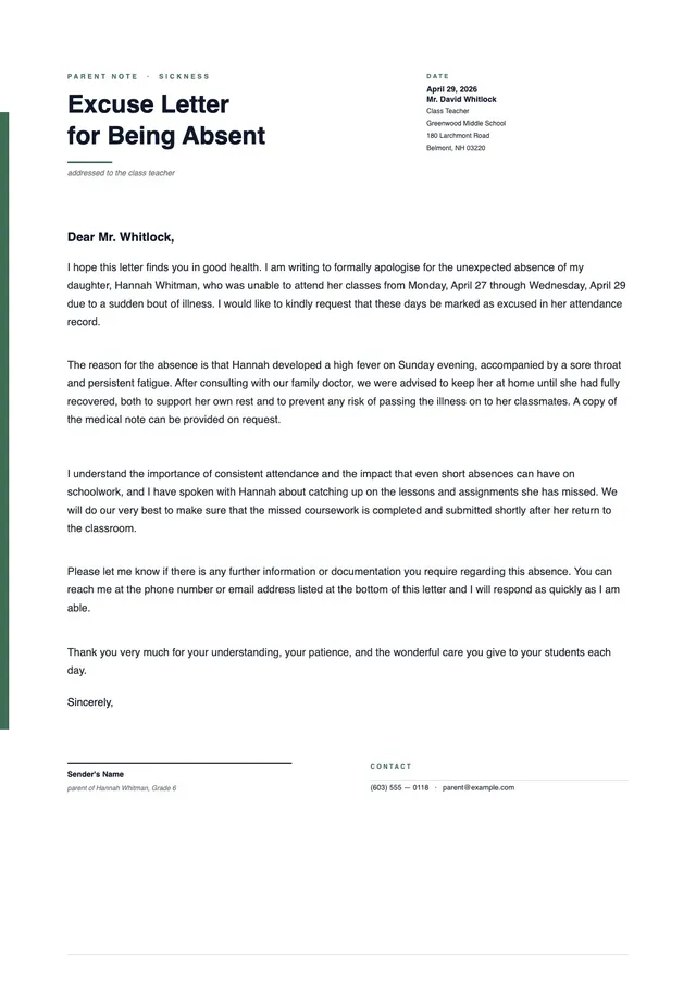 excuse letter for school due to sickness template