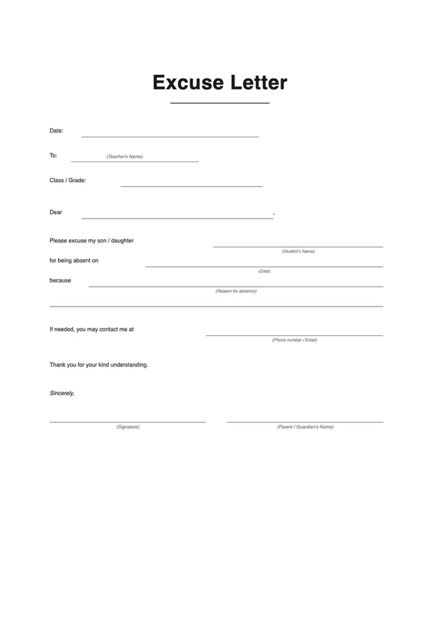 excuse letter for school template