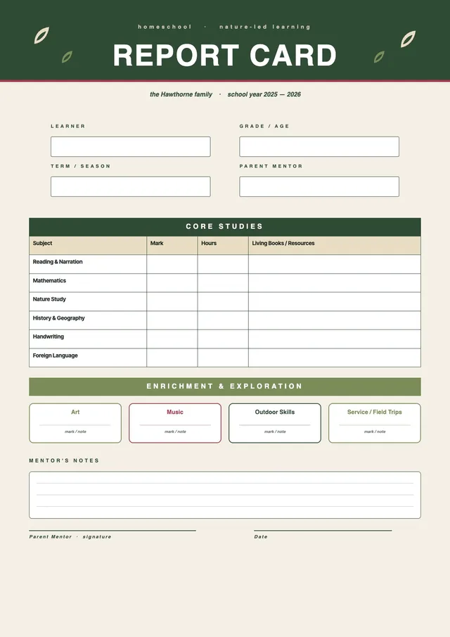 forest homeschool report card template