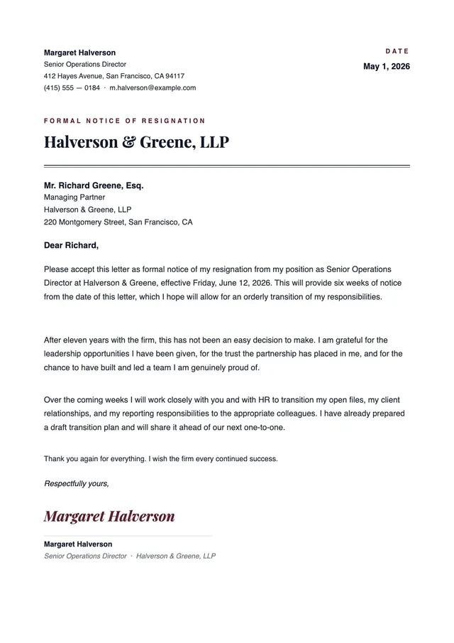 formal resignation letter template