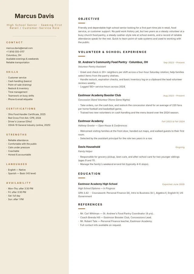 high school retail resume template