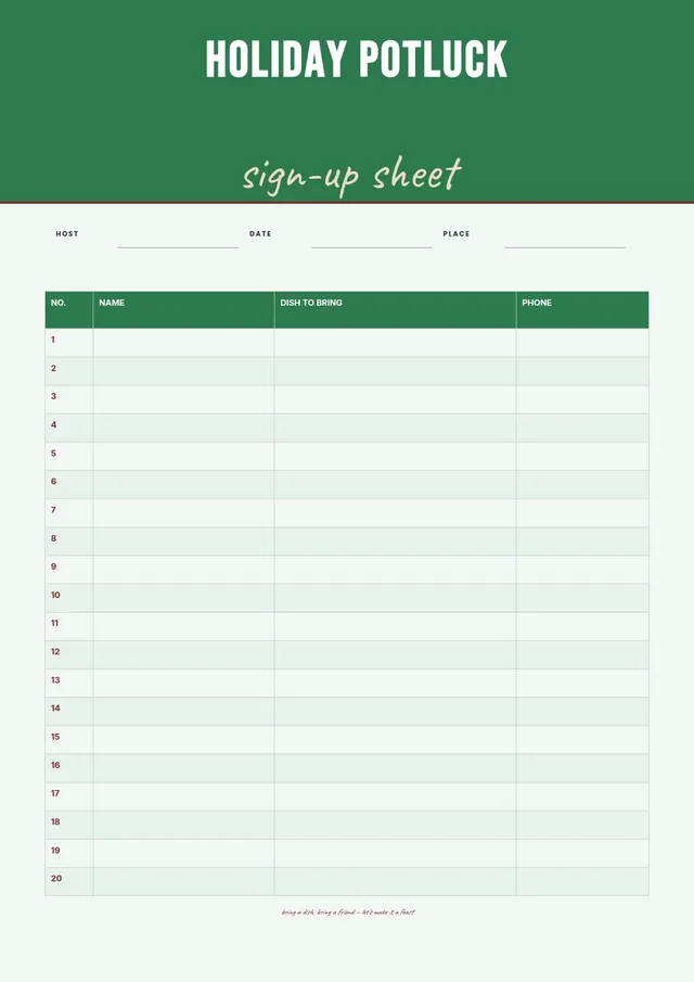 holiday potluck sign up sheet template