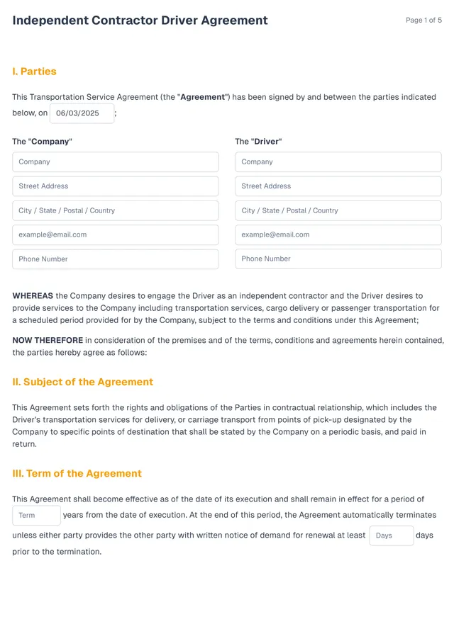 independent contractor driver agreement template