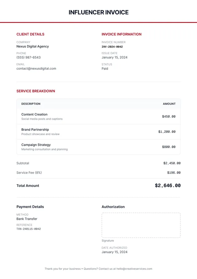 influencer invoice template