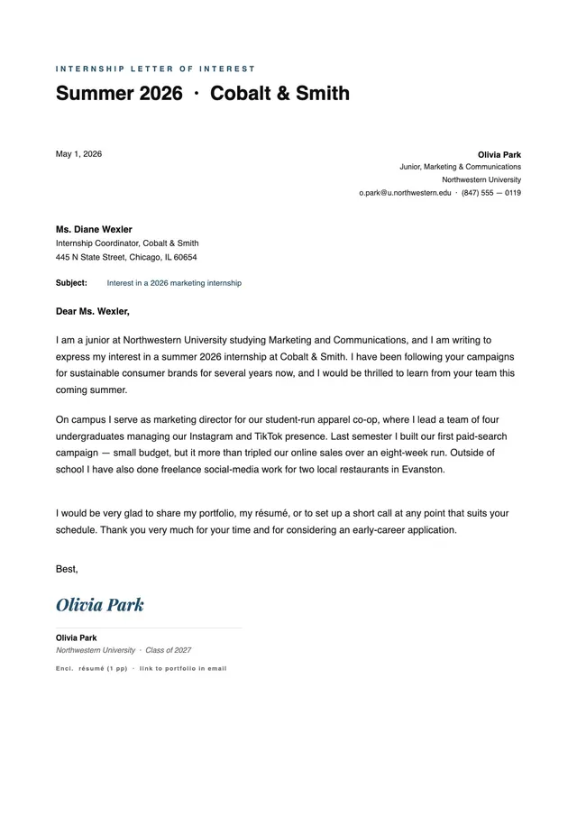 internship letter of interest template