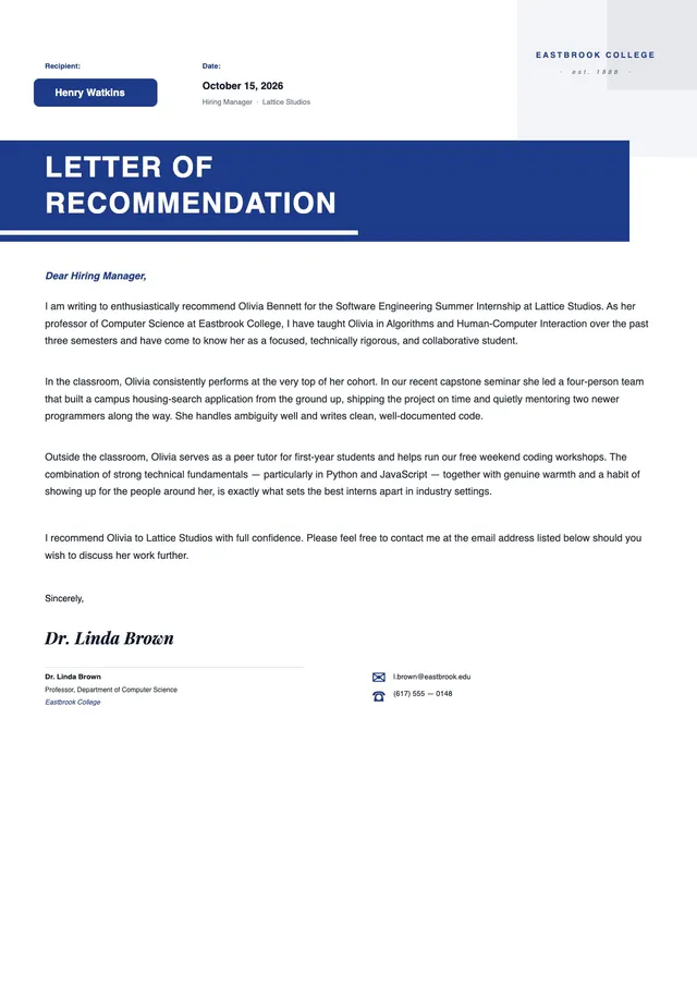 internship letter of recommendation template