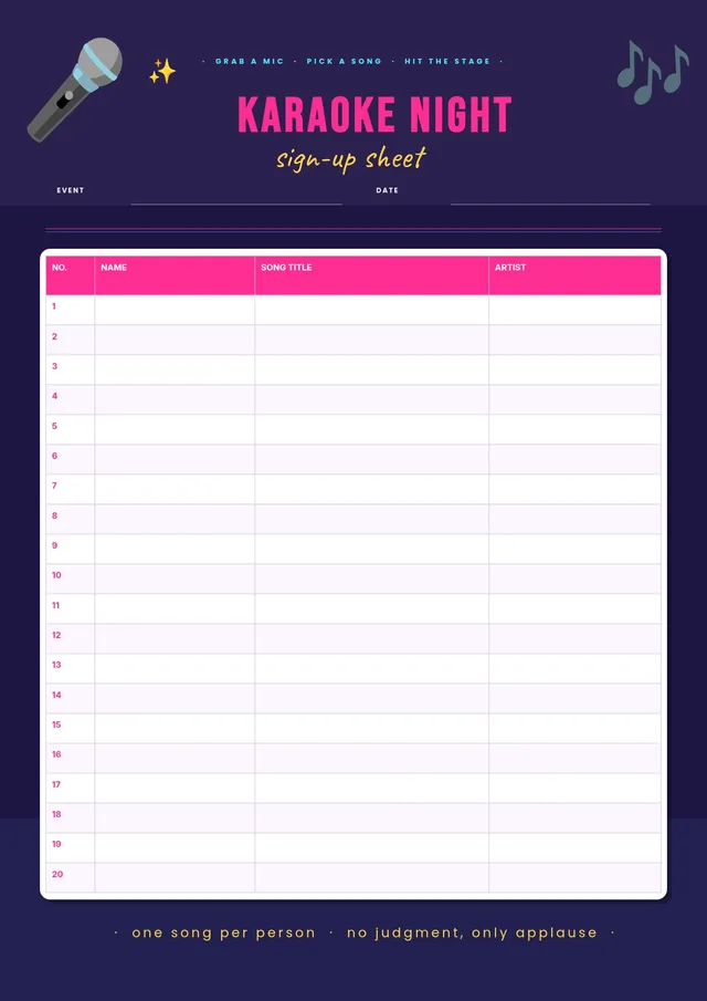 karaoke sign up sheet template