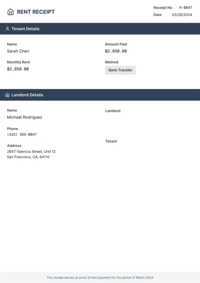 landlord rent receipt template