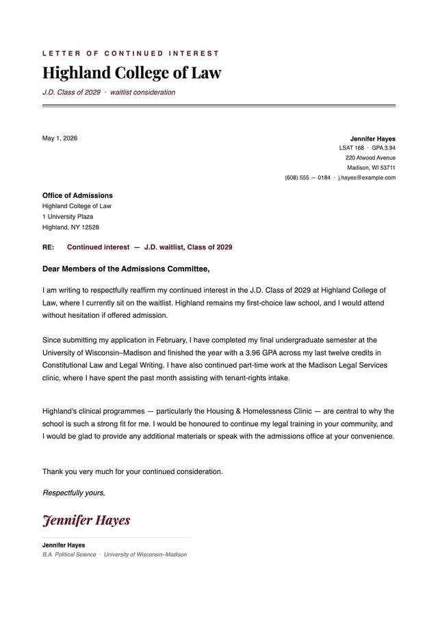 letter of continued interest law school template