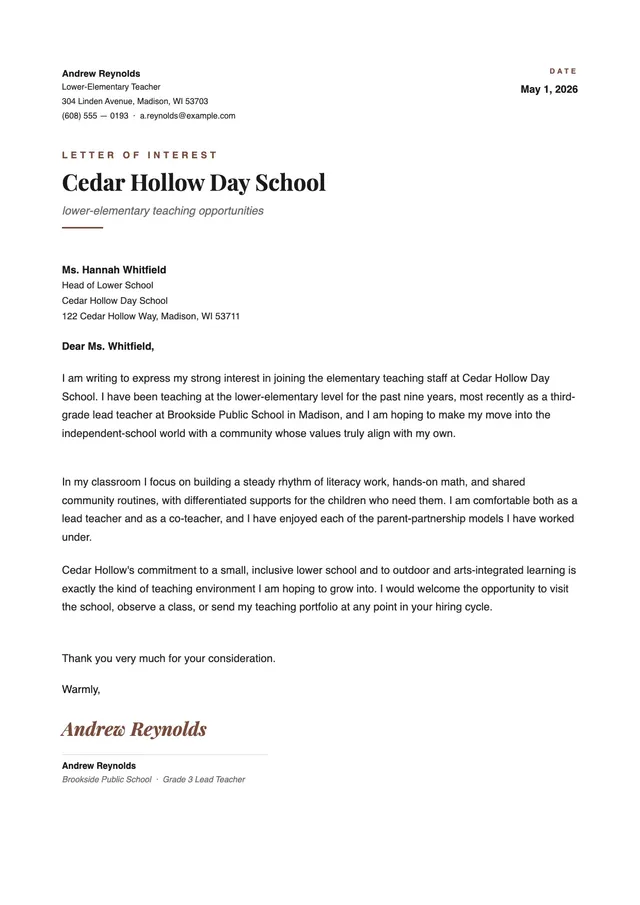 letter of interest for teacher template