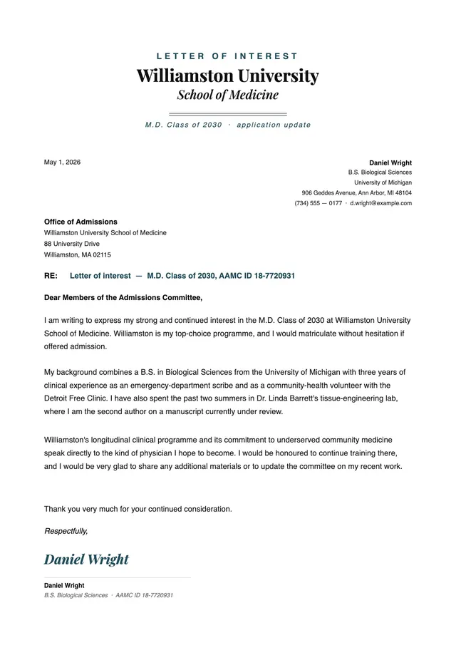 letter of interest medical school template