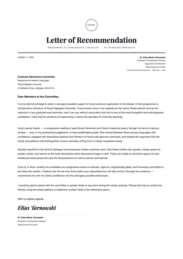 letter of recommendation for graduate school template