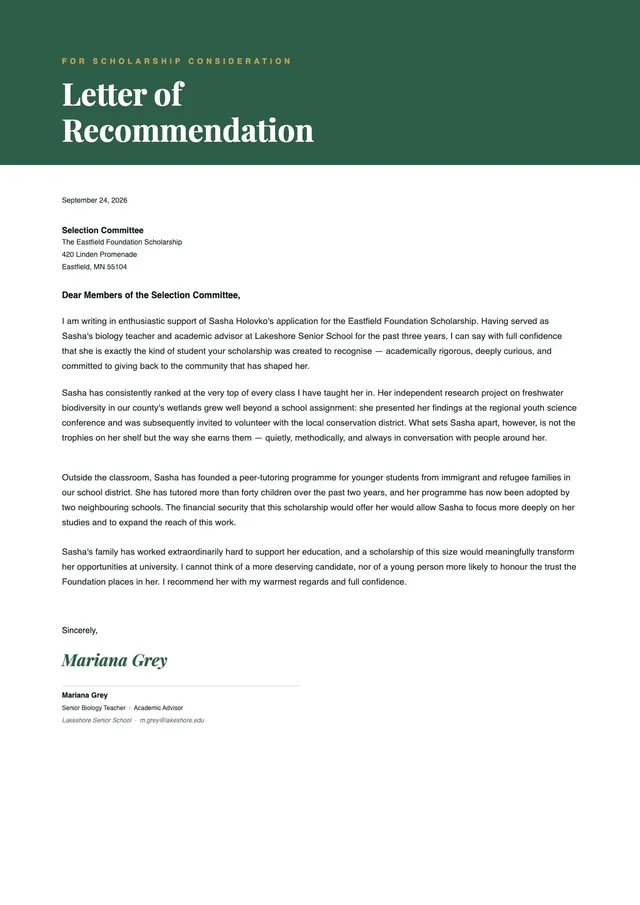 letter of recommendation for scholarship template