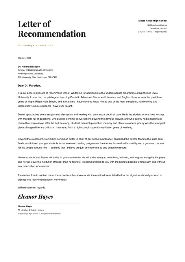 letter of recommendation for student template