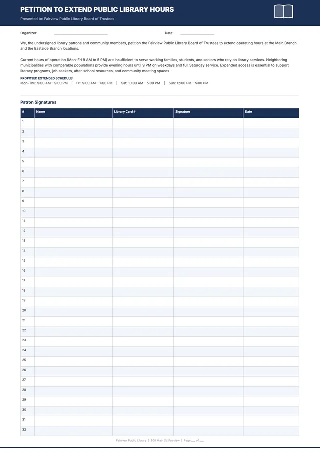 library hours petition template