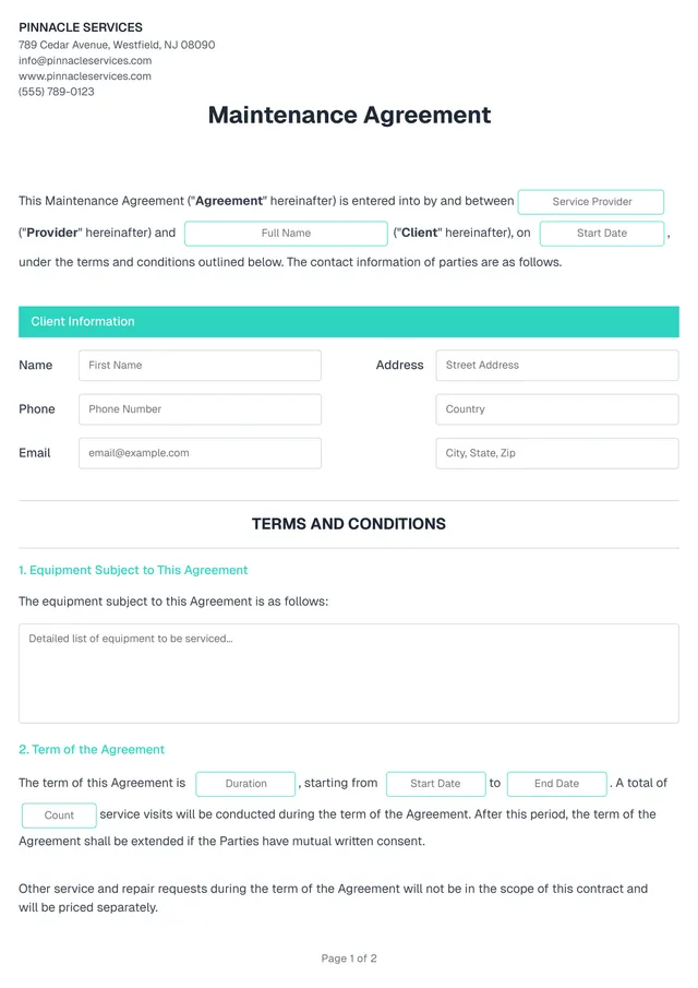 maintenance agreement template