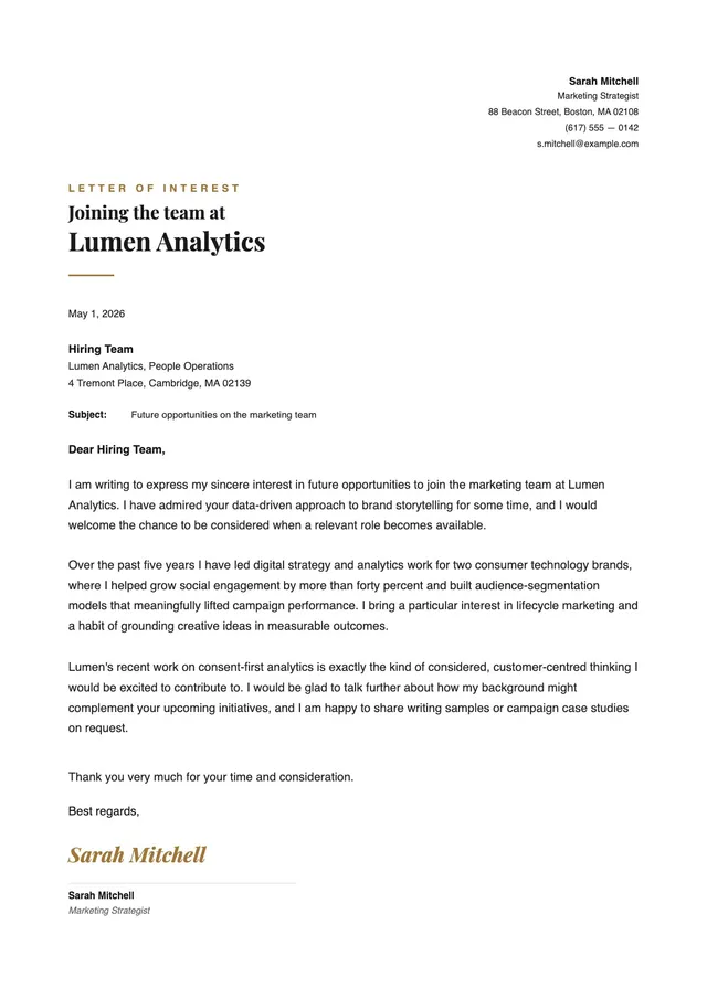 marketing letter of interest template