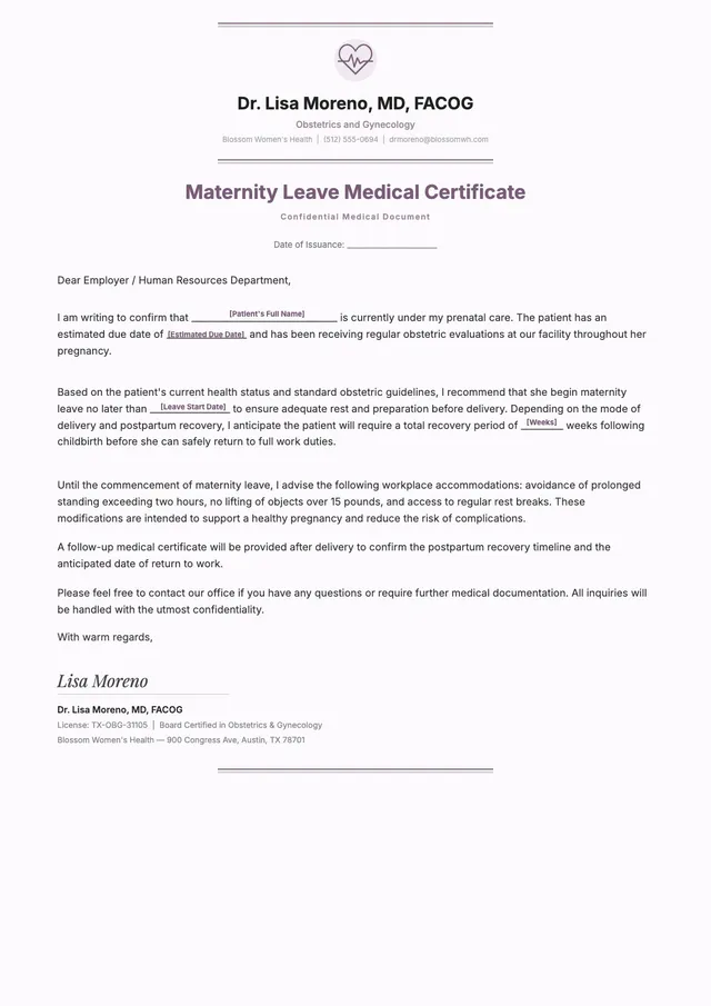 maternity leave doctor note template